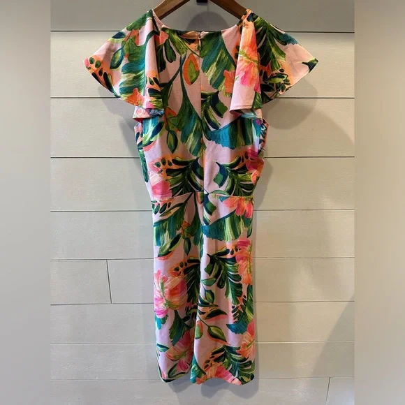 Kensie Women’s Floral Pink V-Neck Midi Dress with Green Leaf Print- size 2 - Picture 5 of 5